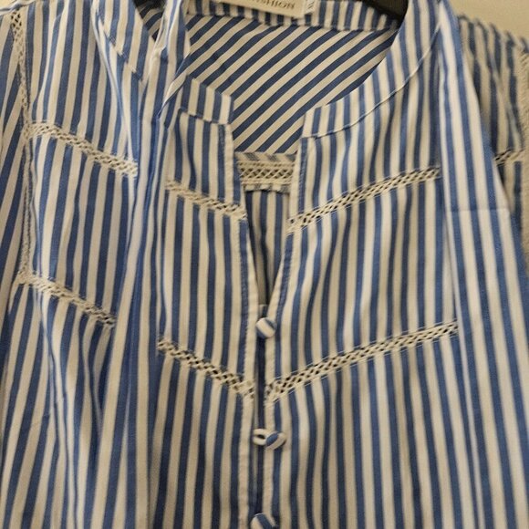 Angashion Dresses & Skirts - Boho Cottagecore NWT blue stripe midi Peasant Coastal dress embroider pocket XL